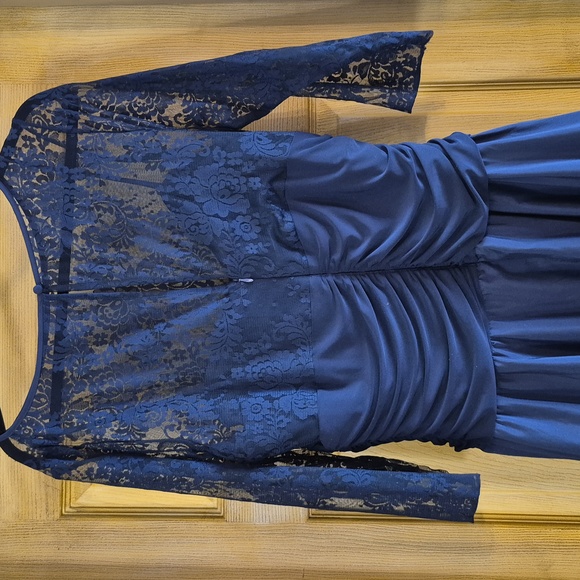 Jessica Howard Navy Long Sleeve Lace Dress Size 16 Tea Length Formal Taffeta - Picture 3 of 8